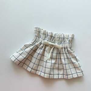 Ready to Ship, Girl's Cream and Navy Plaid Cotton Skirt, Faux Drawstring, Toddler, Fall, Blue, Cream, High Waist, Vintage Style, Linen Look, image 5