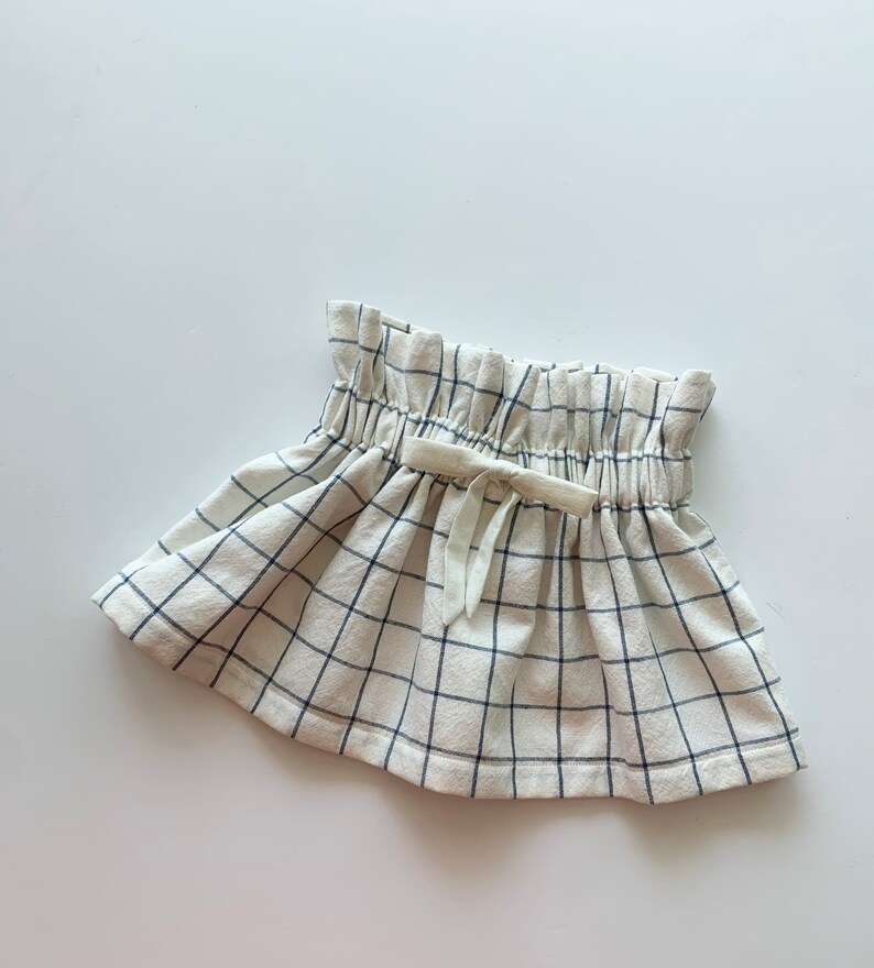 Ready to Ship, Girl's Cream and Navy Plaid Cotton Skirt, Faux Drawstring, Toddler, Fall, Blue, Cream, High Waist, Vintage Style, Linen Look, image 5