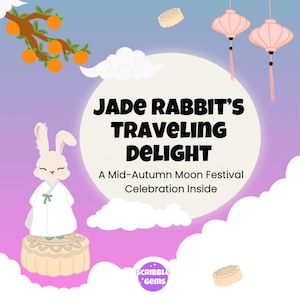 Puede incluir: Ilustración caprichosa para el Festival de la Luna de Mediados de Otoño. Presenta un conejo blanco con vestimenta tradicional, de pie sobre un pastel de luna, con el texto "Jade Rabbit's Traveling Delight". También hay frutas naranjas y linternas rosas.
