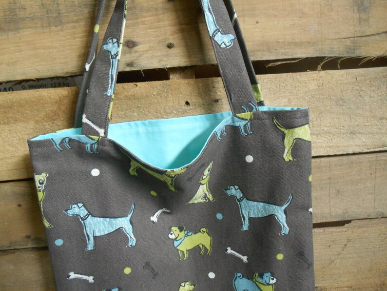 blue green dog print reversible tote bag Brown