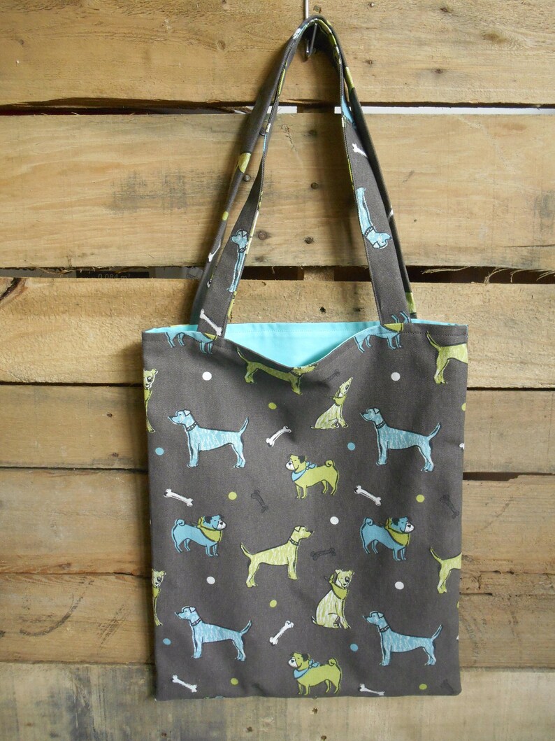 blue green dog print reversible tote bag Brown