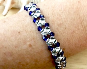 Beaded Bracelet, Beadwork Jewellery, Blue and Silver