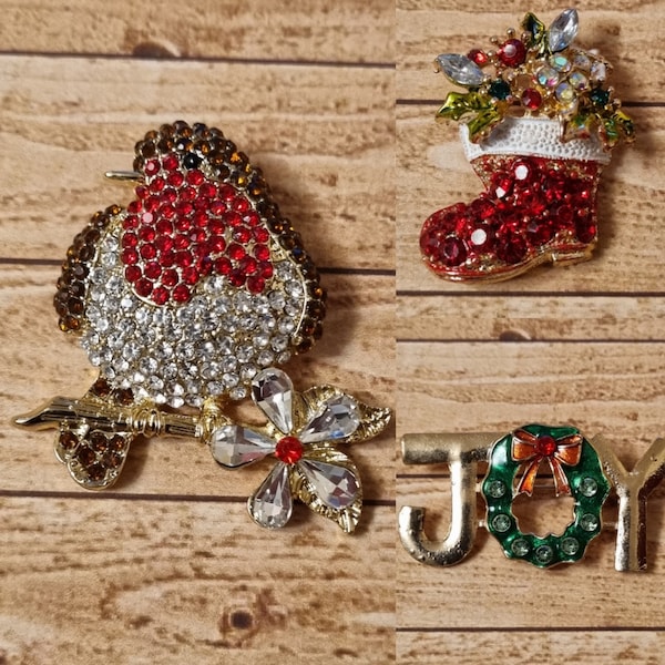 Christmas Brooches, Rhinestone Brooches, Robin Brooch, Christmas Bells, Santas Boot Brooch, Joy Brooch