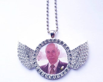 Personalised Memorial, Photo Memorial, Rhinestone Angel Wing Memorial, Wedding Charm, Rear View Mirror