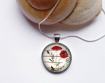 Poppy Necklace, Poppies Gift, Poppy Cabochon, August Birthday Gift