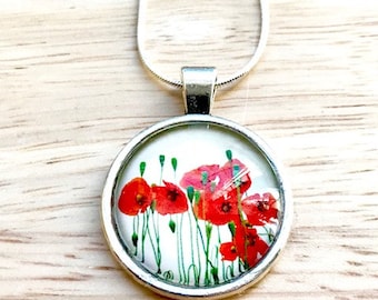 Poppy Cabochon Necklace, Poppy Gift,  Poppy Jewellery, August Birthday Gift