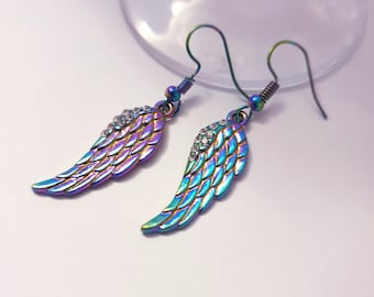 Rhinestone Angel Wing Earrings, Electroplated Angel Wing, Feather Earrings, Oil Slick