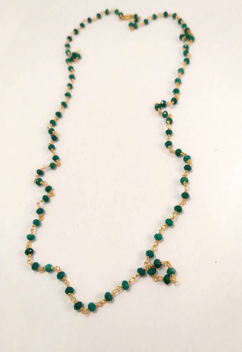 Tiny Gemstone Necklace Green Bead Necklace Smaragdite Beads Chain Long Rosary Necklace Green Beaded Chain Necklace Gift For Mother