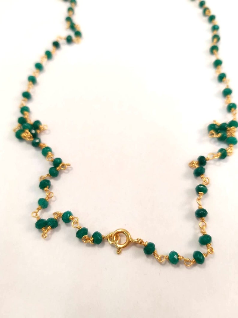 Tiny Gemstone Necklace Green Bead Necklace Smaragdite Beads Chain Long Rosary Necklace Green Beaded Chain Necklace Gift For Mother