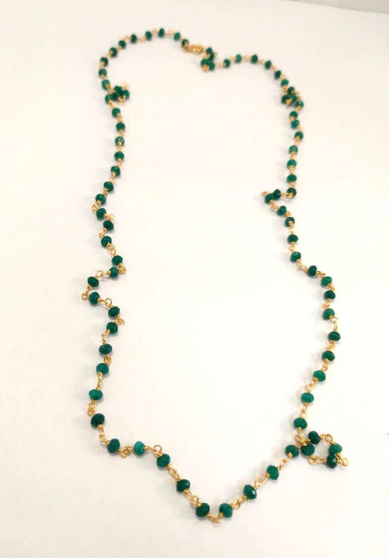 Tiny Gemstone Necklace Green Bead Necklace Smaragdite Beads Chain Long Rosary Necklace Green Beaded Chain Necklace Gift For Mother