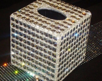 Bling Bling Rhinestone Princess Cut Crystal Decorated Organizer Square Small Tissue Holder Box (Large Crystal)