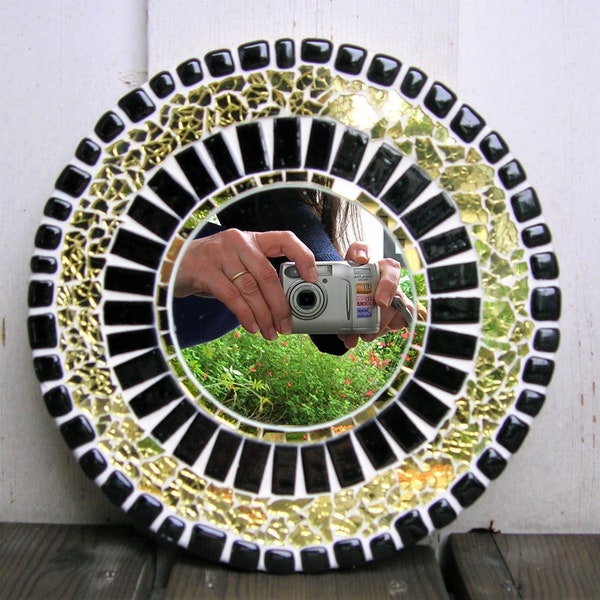 miroir rond, miroir d'entrée,miroir mosaique noir et or