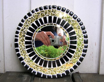 miroir rond, miroir d'entrée,miroir mosaique noir et or