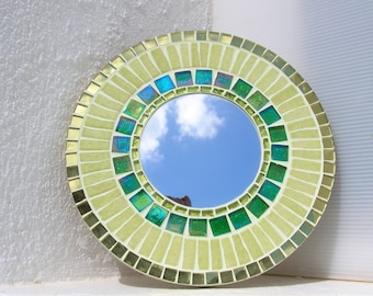 Green round mosaic mirror, entrance mirror, wall art