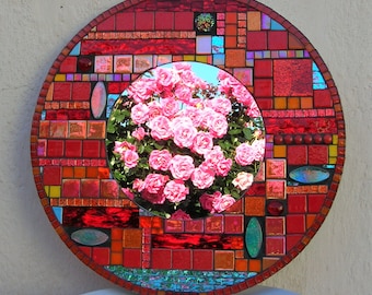 Miroir de mosaique, Miroir rouge, Miroir rond de mosaique, art de mur de mosaique, miroir fait main, miroir rond, miroir salon, décor murs