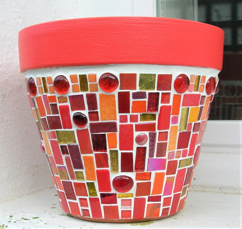 Cache pot terre cuite mosaique rouge image 2