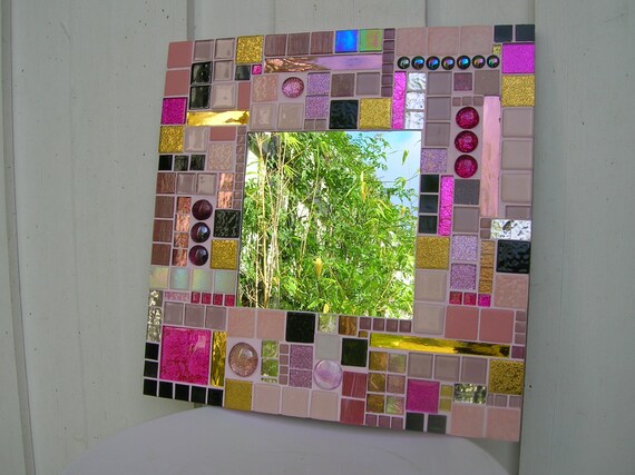 Miroir Mural Mosaïque Fait Main - 26x26cm, Cadre Décoratif Multicolore Floral