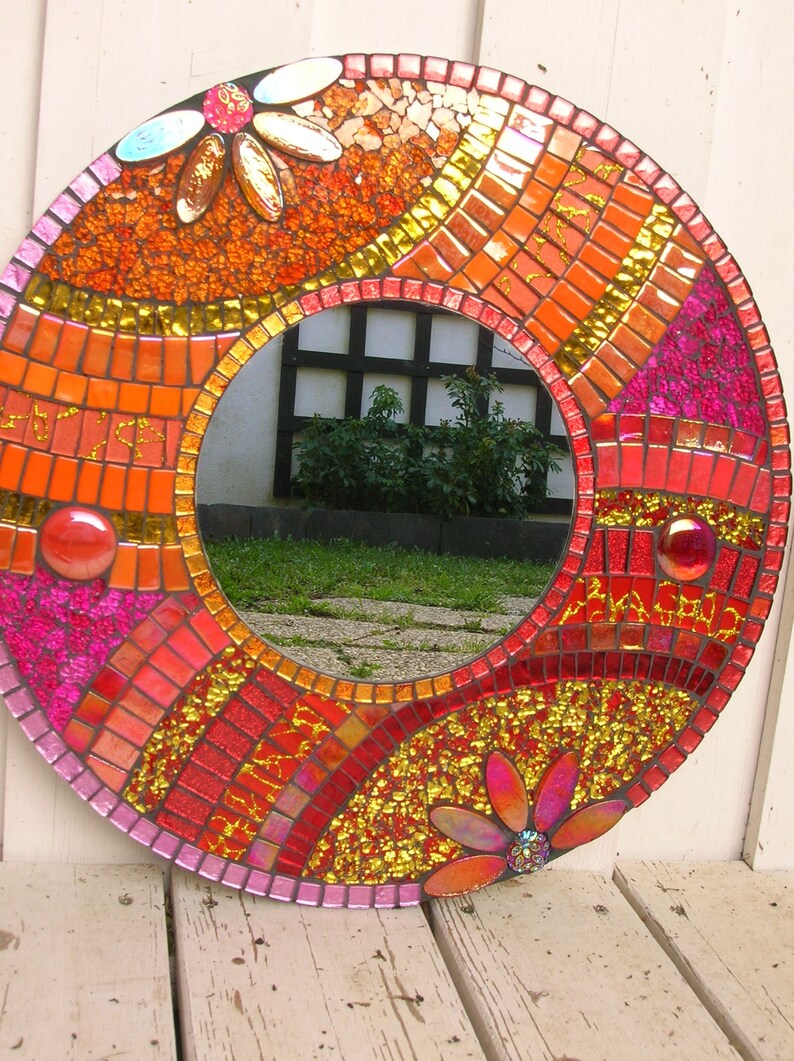 Round Mosaic Mirror Red And Orange