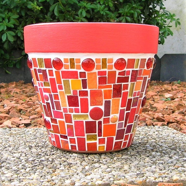 Cache pot terre cuite mosaique rouge