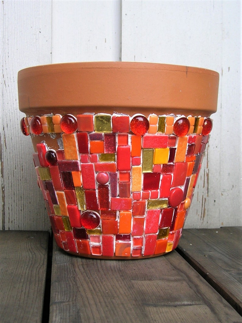 Cache pot terre cuite mosaique rouge image 4