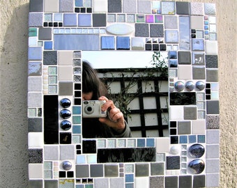Miroir mosaique carré gris, miroir design, miroir moderne