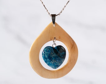 Heart stone Necklace • Drop Pendant • Olive Wood Pendant • Ocean Blue stone • Blue Stone Pendant • Handmade Women Wood Necklace