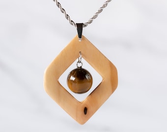 Olivewood Pendant • Tiger eye stone • Geometric Necklace • Tiger eye stone Pendant • Handmade Women Wood Necklace • Pendant Necklace