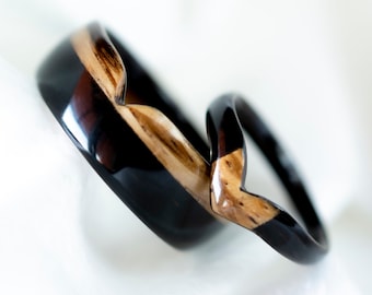 Matching ring set • Wooden couple ring set • Wedding rings • Ebony & Zebrano ring set • Black wooden ring set • Chevron ring • Minimalistic