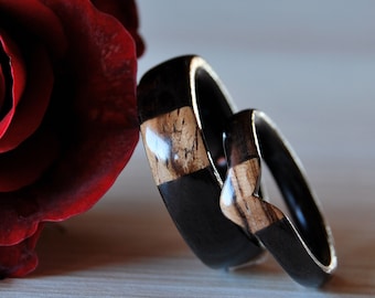 Wooden couple ring set • Wedding rings • Ebony & Zebrano ring set • Black wooden ring set • For women and men • Chevron ring