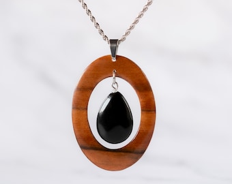 Indian Apple Wood Pendant • Black drop stone • Black Stone Pendant • Handmade Women Wood Necklace • Pendant Necklace • Gift For Her