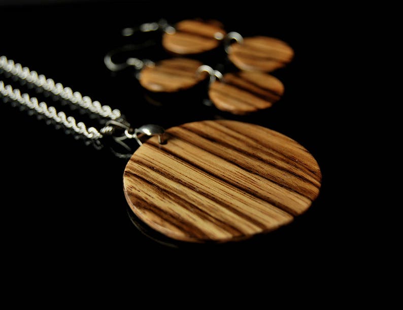 Womens wood jewelry set \u2022 Wooden pendant \u2022 Wooden earrings \u2022 Zebrano \u2022 Gift For Her \u2022 Valentine Gift \u2022 Valentine Gift For Her