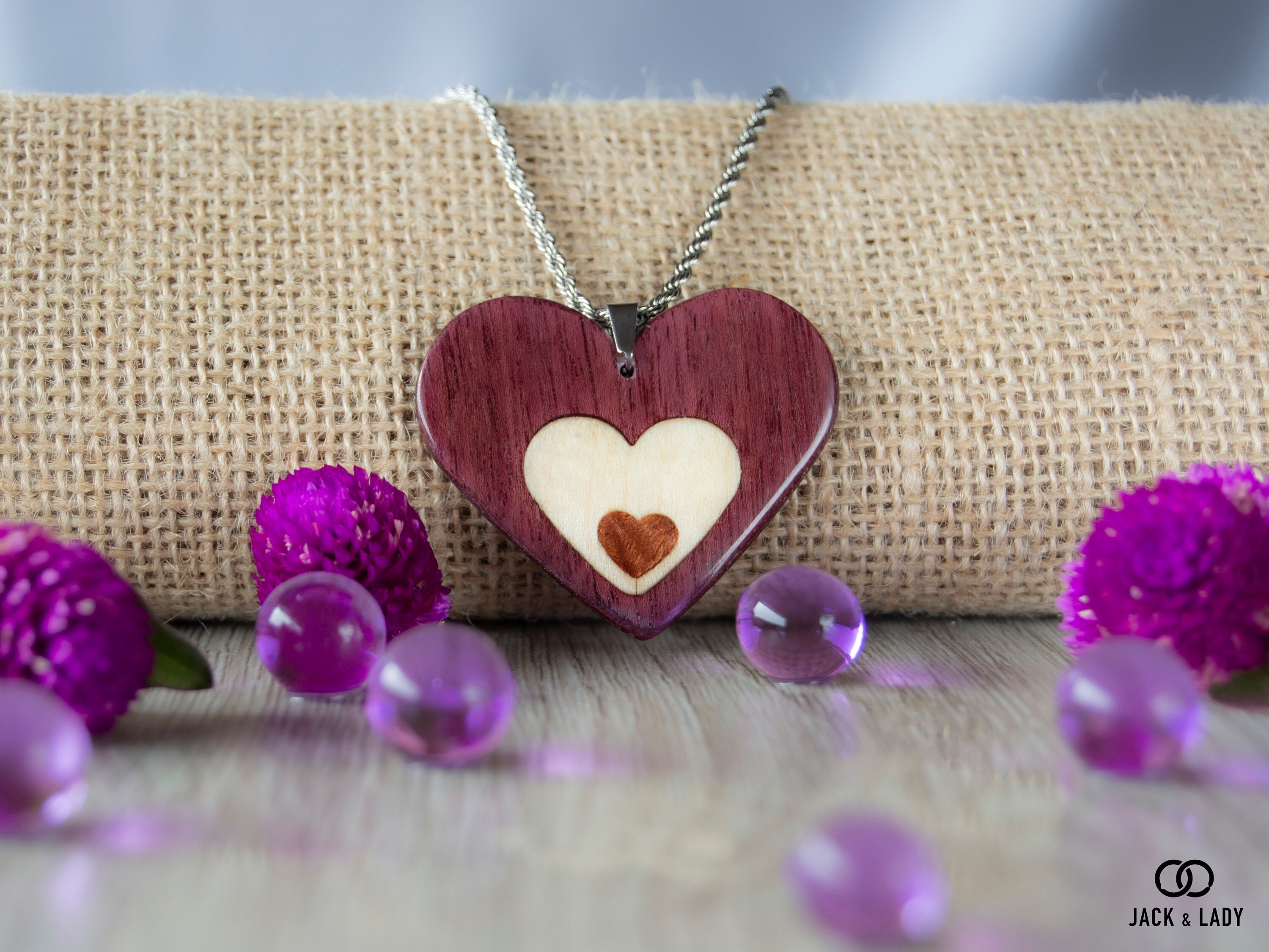 Handmade Women Wood Necklace Heart Necklace Purpleheart Etsy