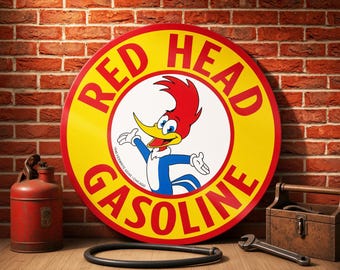 Red Head Gasoline (Woody Woodpecker) – Petroliana Vintage Reproduction Gas Station Sign (23.5"/36"/46" Round DIBOND™ Aluminum Composite)