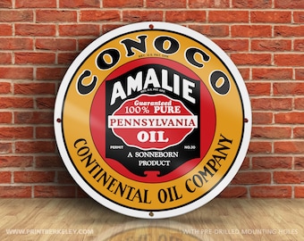 Conoco Amalie Oil – Petroliana Vintage Reproduction Gas Station Sign (23.5" or 36" Round DIBOND™ Aluminum Composite)