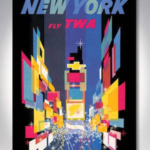 Nueva York – Fly TWA de David Klein c1960s Impresión en papel para póster de 20 x 30 y 24 x 36 con envío prioritario gratuito al día siguiente por FedEx
