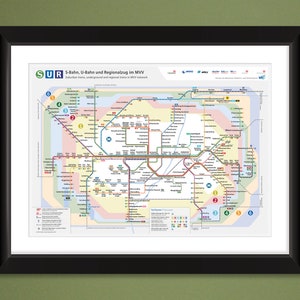 May include: A colorful map of the Munich public transportation system, showing the S-Bahn, U-Bahn, and regional train lines. The map is titled "S-Bahn, U-Bahn und Regionalzug im MVV" and includes a legend with symbols for each line.