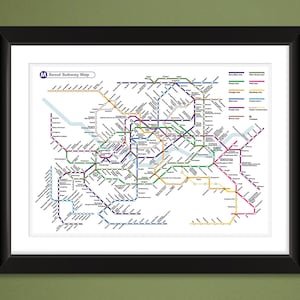 May include: A detailed map of the Seoul Subway system, showing the different lines and stations. The map is color-coded by line, with each line represented by a different color. The map also includes the names of the stations and the surrounding areas.