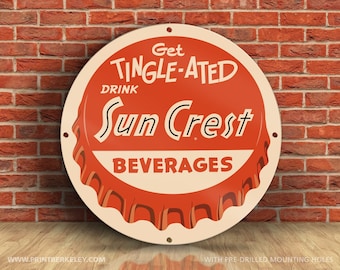 Sun Crest Beverages Sign, Vintage Gas Station Decor (23.5" Aluminum)