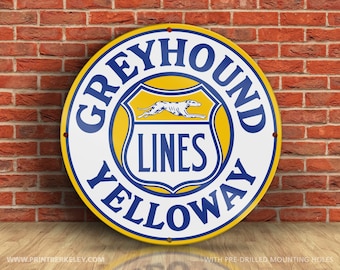 Greyhound Yelloway Lines – Petroliana Vintage Reproduction Gas Station Sign (23.5" or 36" Round DIBOND™ Aluminum Composite)