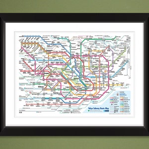 May include: A detailed map of the Tokyo Subway system, showing the different lines and stations. The map is color-coded by line, with each line having a unique color and number. The map also includes the names of the stations in both English and Japanese.