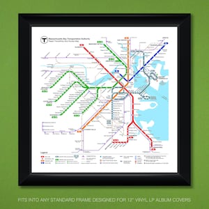 May include: A map of the Massachusetts Bay Transportation Authority (MBTA) rapid transit system in Boston, Massachusetts. The map shows the different lines, stations, and routes. The map is in a black frame.