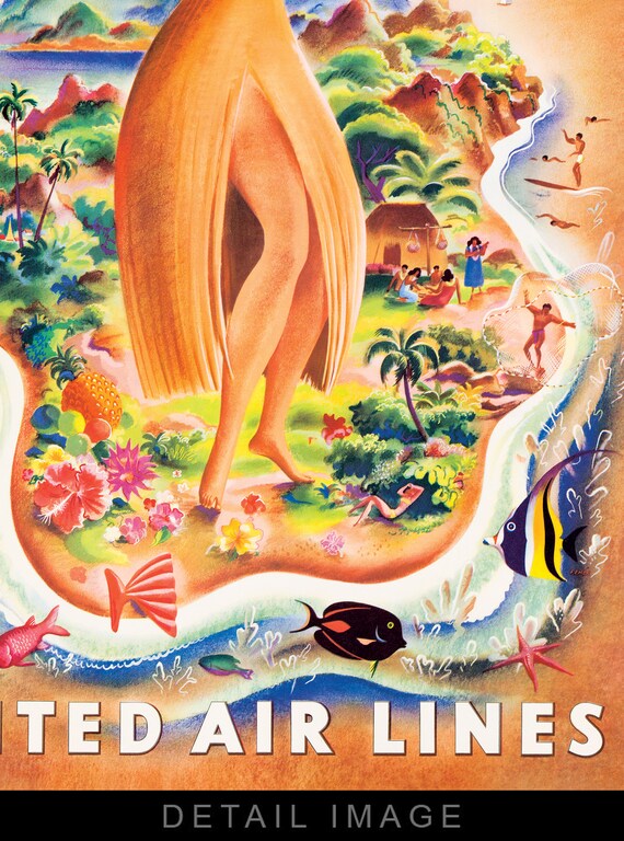 UnitedAirlines ユナイテッド航空　ハワイマウイ島ビンテージポスター Original Hawaii United Air Lines Outrigger Vintage Travel Poster