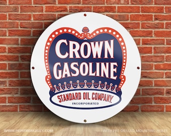 Crown Gasoline Sign – Petroliana Vintage Reproduction Gas Station Sign (23.5" or 36" Round DIBOND™ Aluminum Composite)