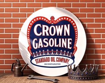 Crown Gasoline Sign – Petroliana Vintage Reproduction Gas Station Sign (23.5"/36"/46" Round DIBOND™ Aluminum Composite)