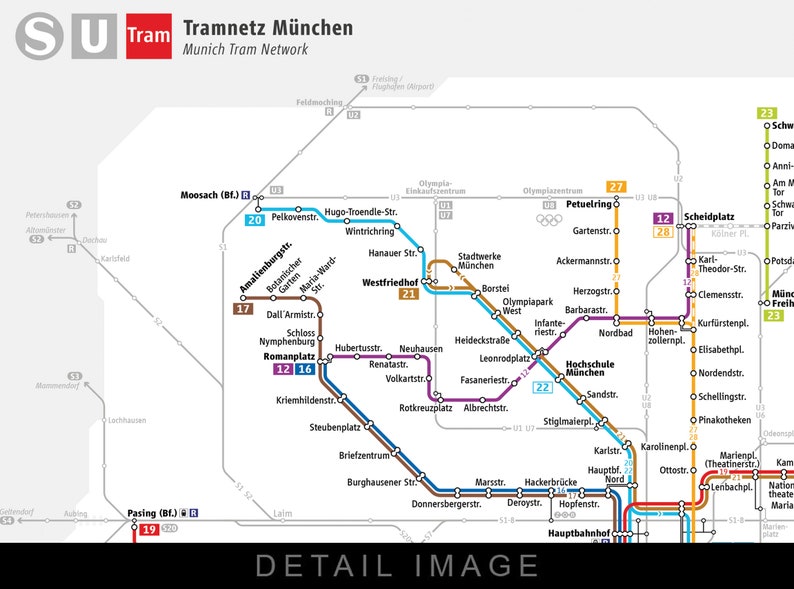 Munich Germany Tramway Network Map Tramnetz München 2019 16x12 Heavyweight Art Print Bild 2
