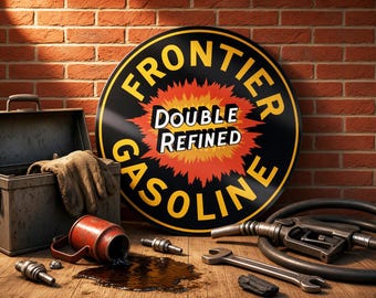 Frontier Gasoline – Double Refined – Petroliana Vintage Reproduction Gas Station Sign (23.5"/36"/46" Round DIBOND™ Aluminum Composite)
