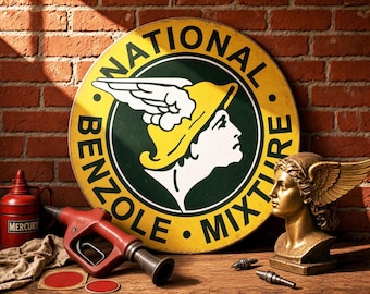 National Benzole Mixture – Petroliana Vintage Reproduction Gas Station Sign (23.5"/36"/46" Round DIBOND™ Aluminum Composite)