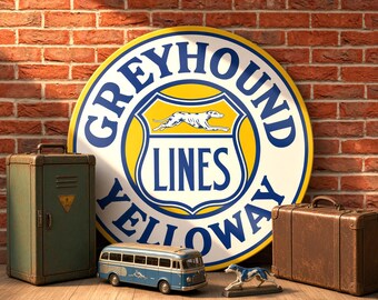 Greyhound Yelloway Lines – Petroliana Vintage Reproduction Gas Station Sign (23.5"/36"/46" Round DIBOND™ Aluminum Composite)