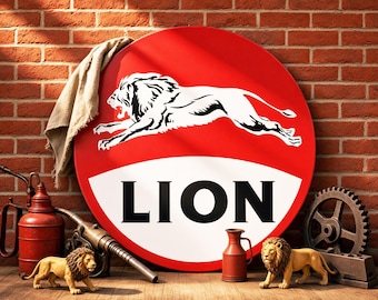 Lion (Red Background) – Petroliana Vintage Reproduction Gas Station Sign (23.5"/36"/46" Round DIBOND™ Aluminum Composite)