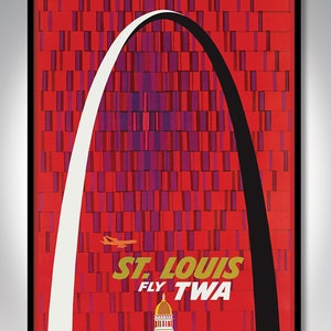 Fly TWA St. Louis Gateway Arch Travel Poster por David Klein 20x30 & 24x36 Cartel Paper Print w / Free FedEx Overnight Priority Shipping